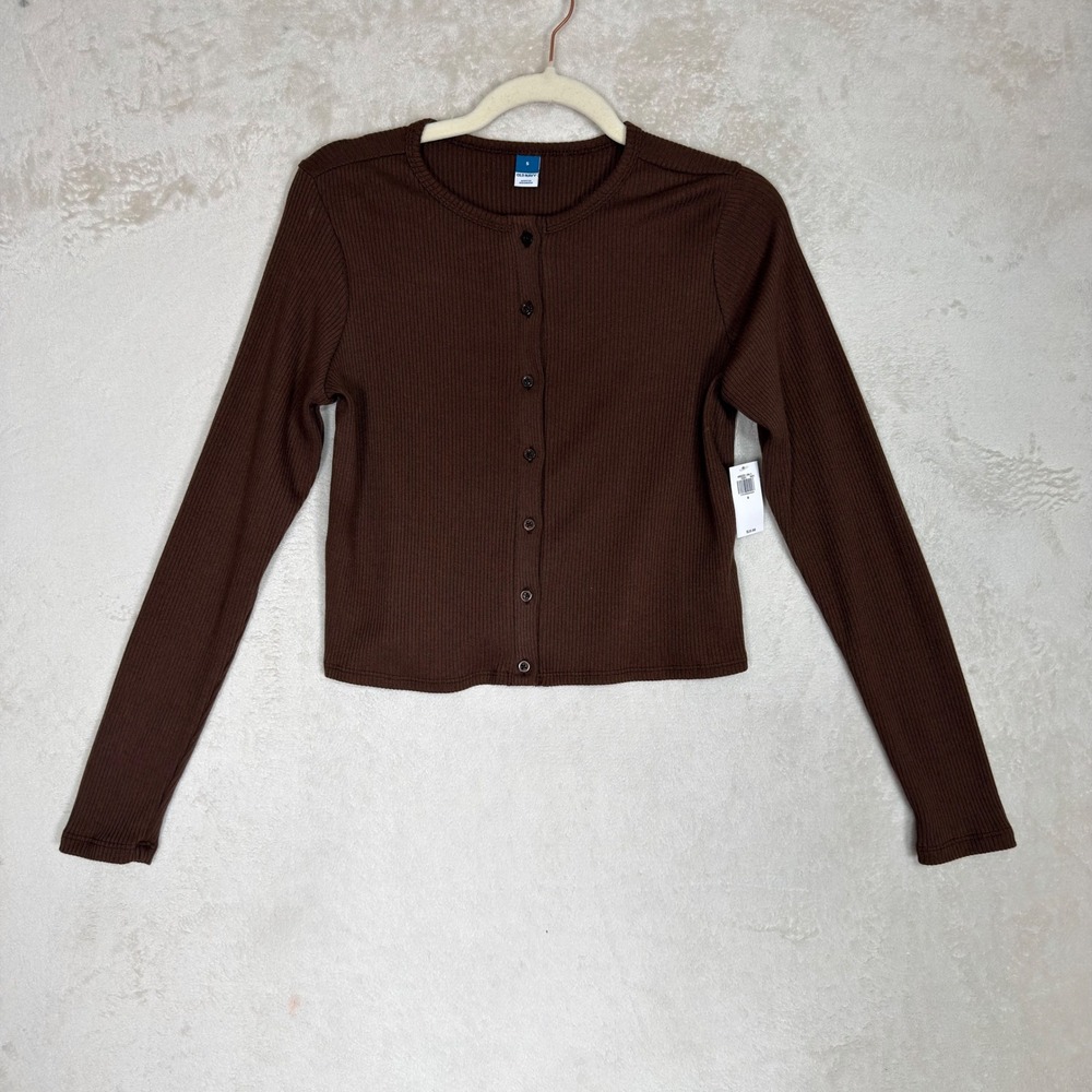 Old Navy Espresso Bark Brown Ribbed Cropped Button Front Cardigan S NWT Preppy